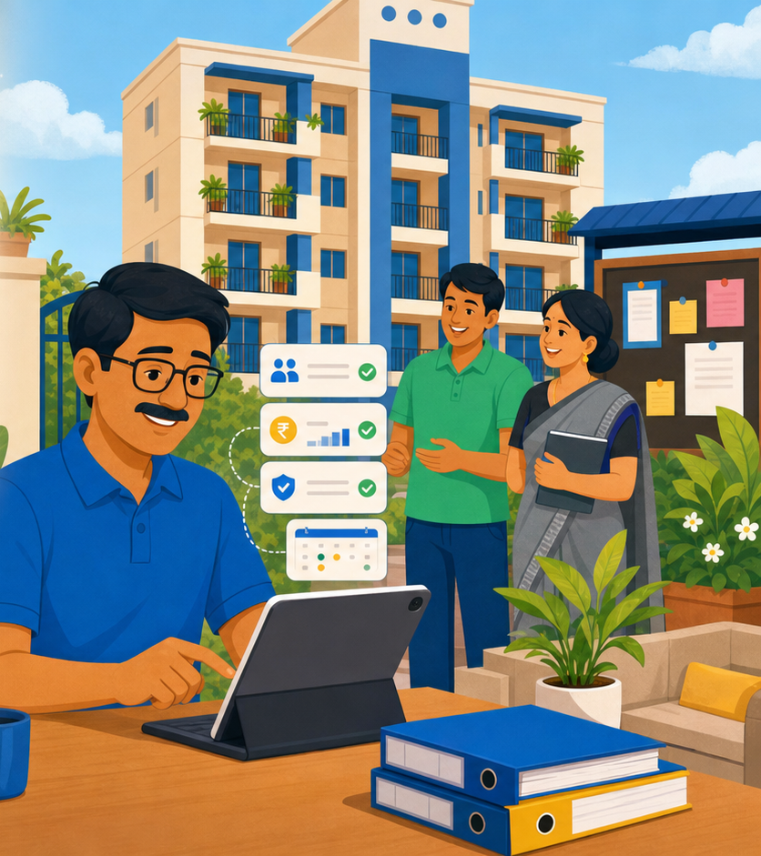 Committee member using an organized digital dashboard with calm residents nearby