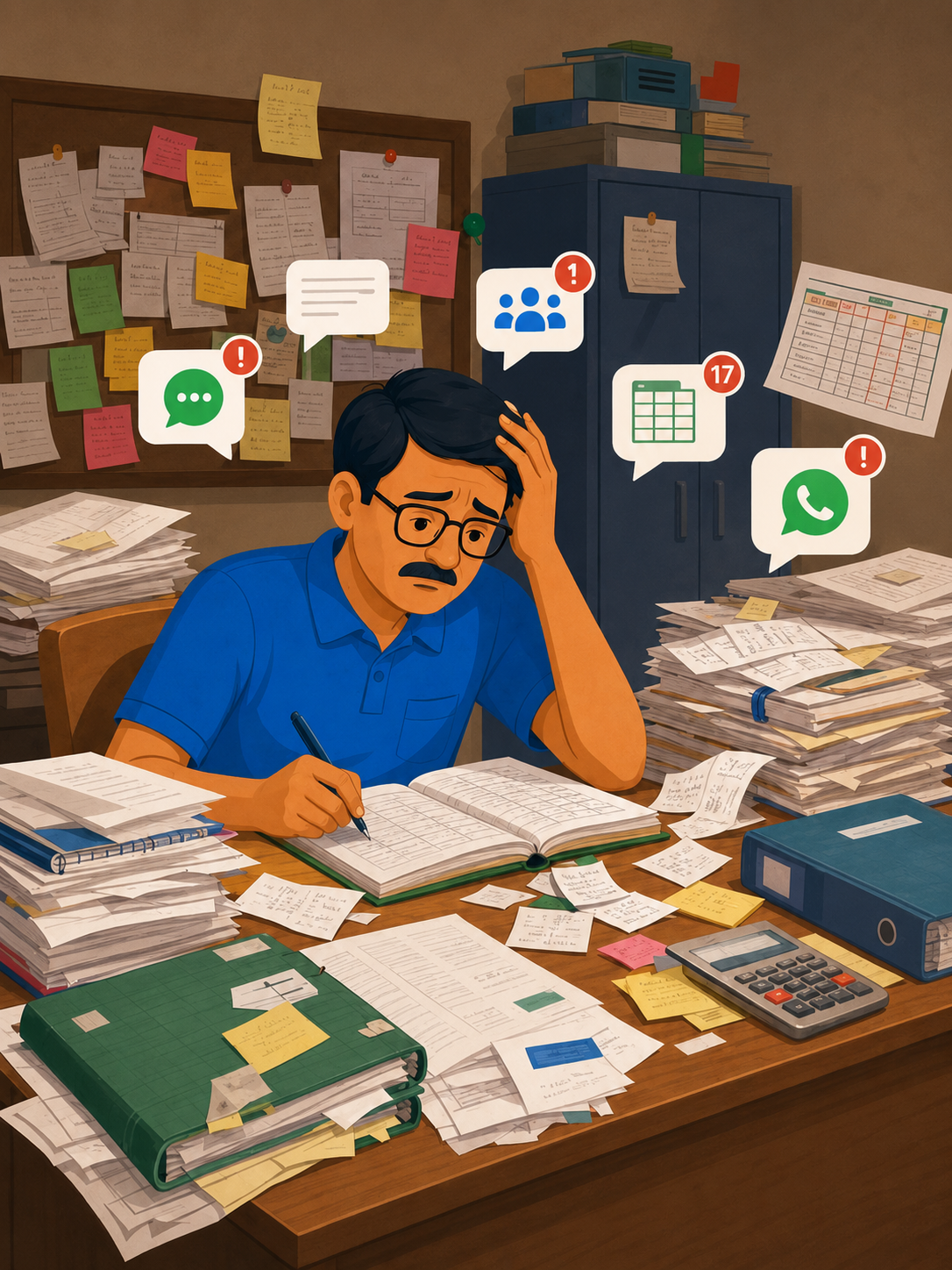 Committee member surrounded by scattered paperwork and manual society records