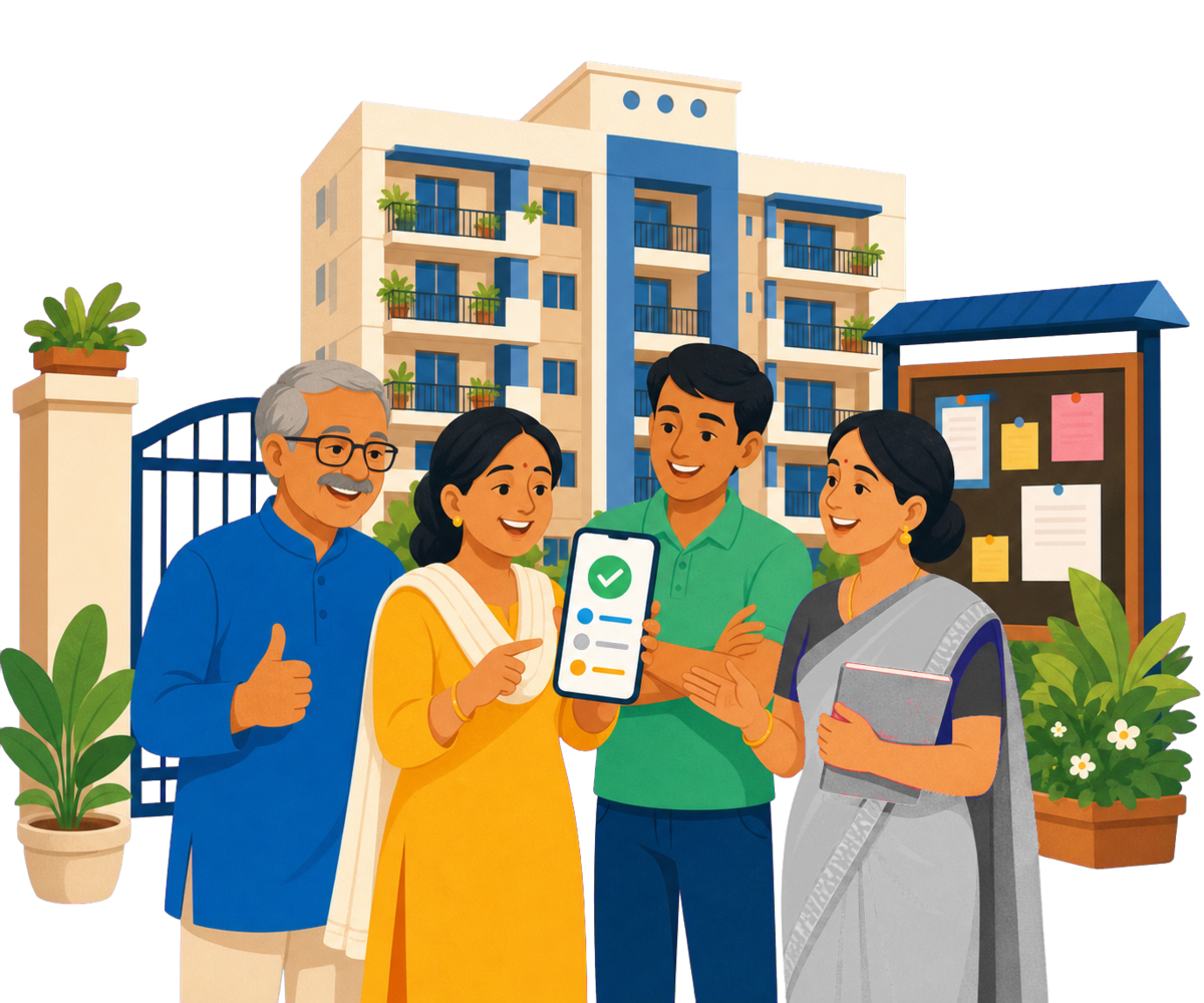 RWA committee members and residents outside an Indian apartment society
